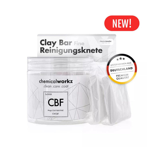 chemicalworkz Clay Bar packaging with 'New!' label and certification badge on a white background