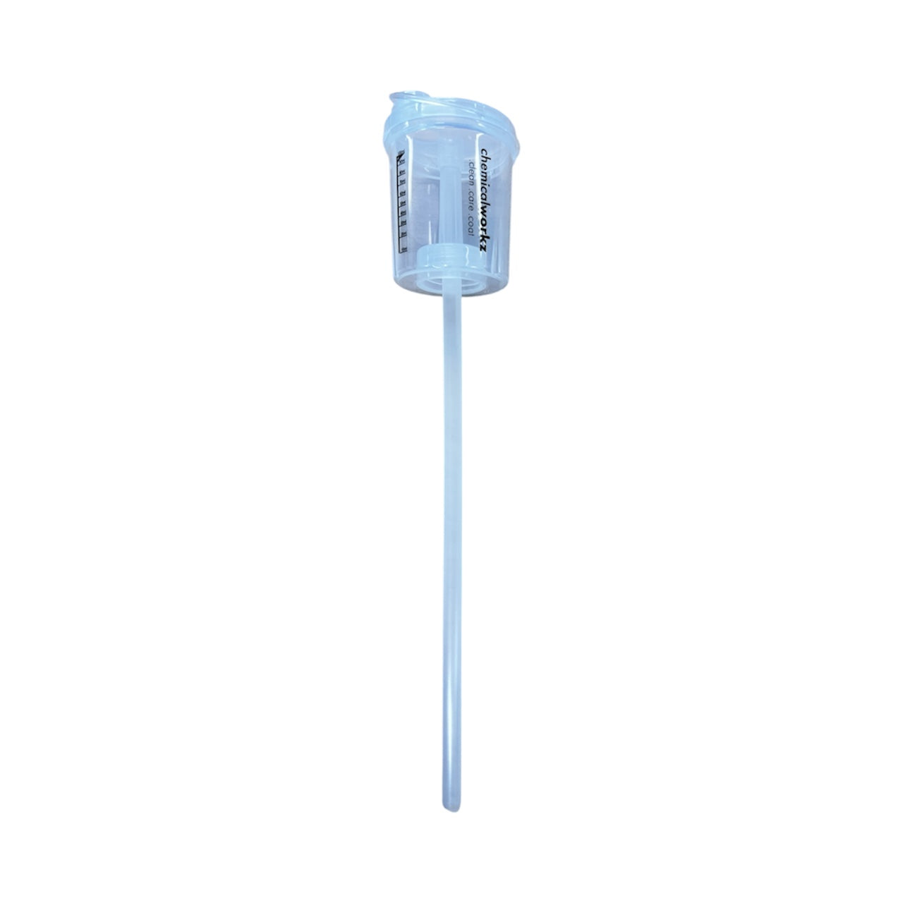 Clear plastic container with a long handle on a white background