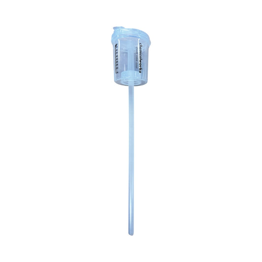 Clear plastic container with a long handle on a white background