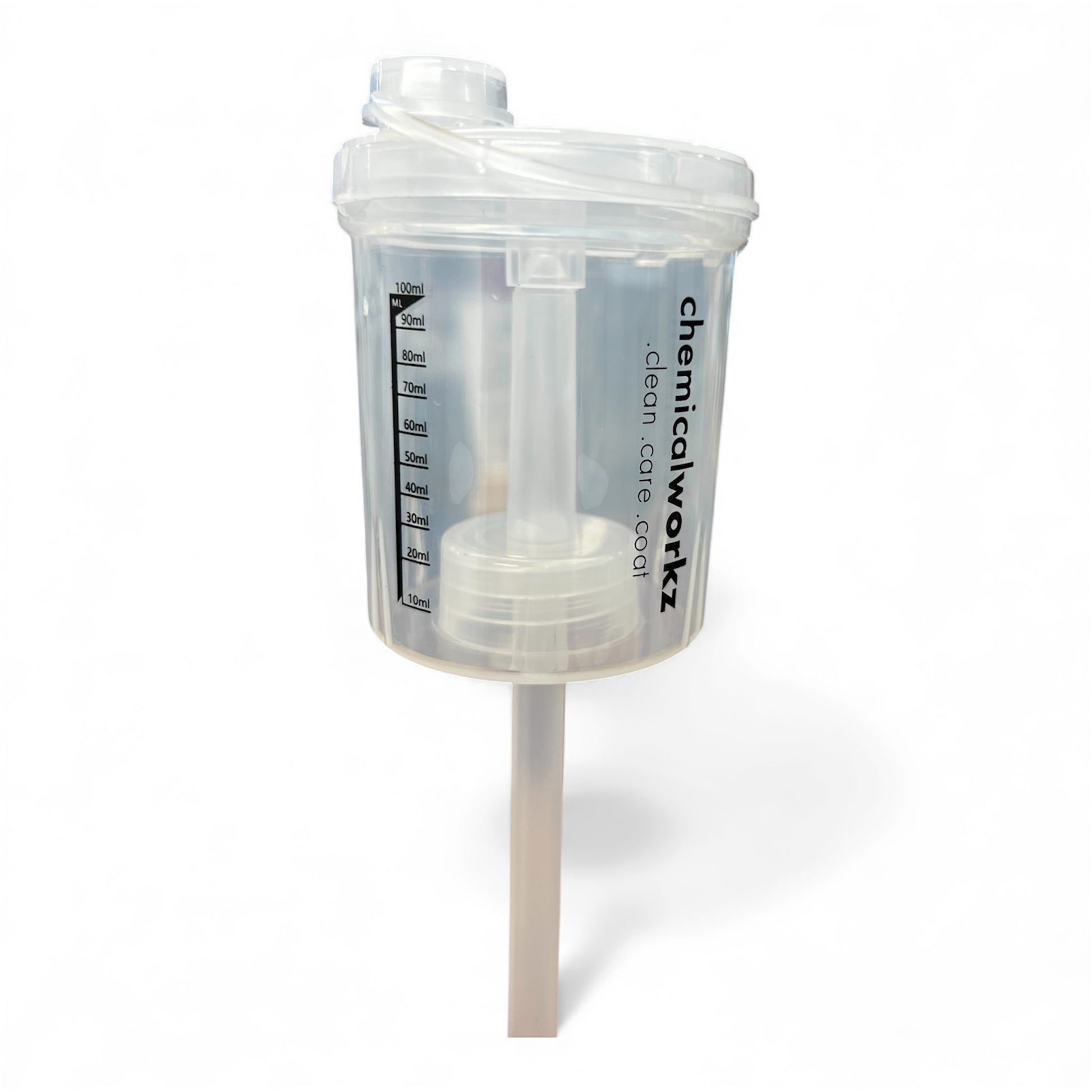 Clear plastic container with measurement markings and 'chemicalworkz' branding on a white background