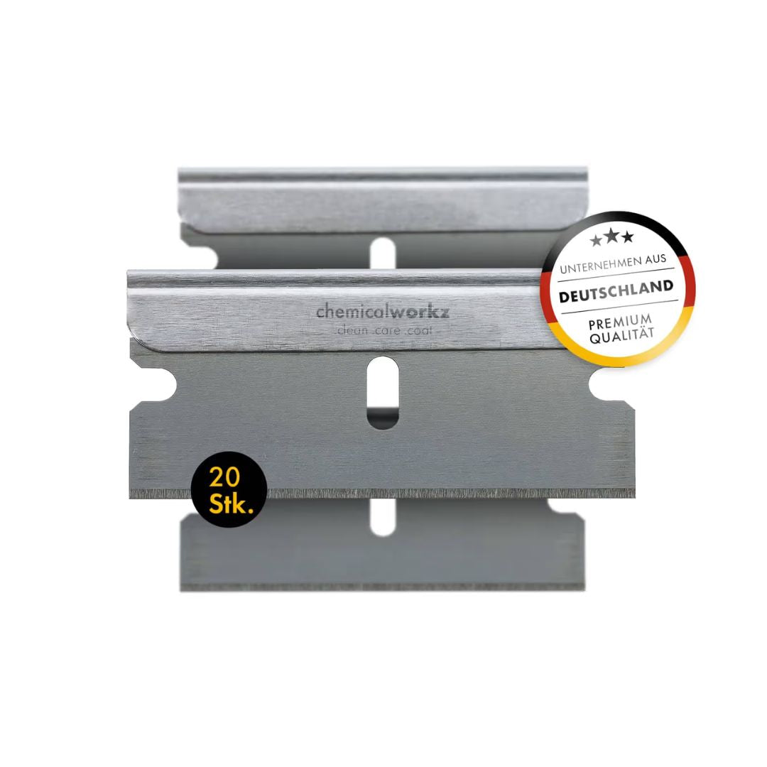 Two metal scraper blades with 'chemicalworkz' branding and a German quality badge on a white background.