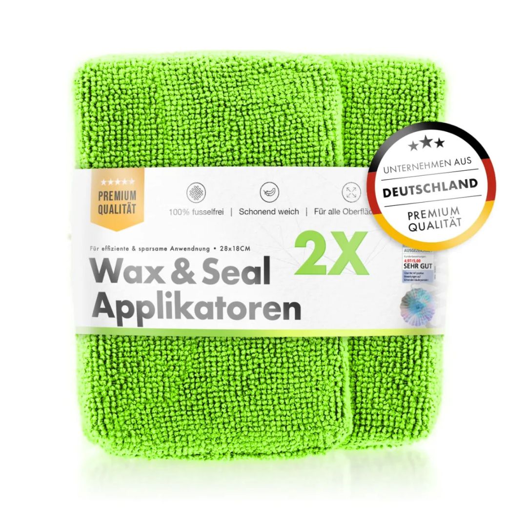 Green microfiber applicator with packaging on a white background