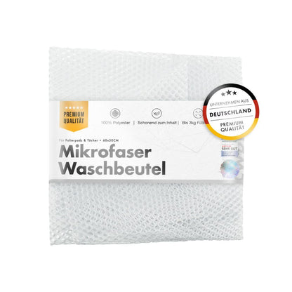 Packaged microfiber washing bag with German text on a white background