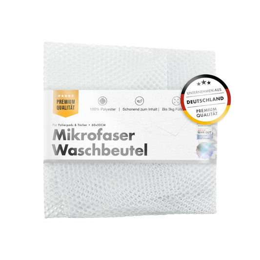 Packaged microfiber washing bag with German text on a white background