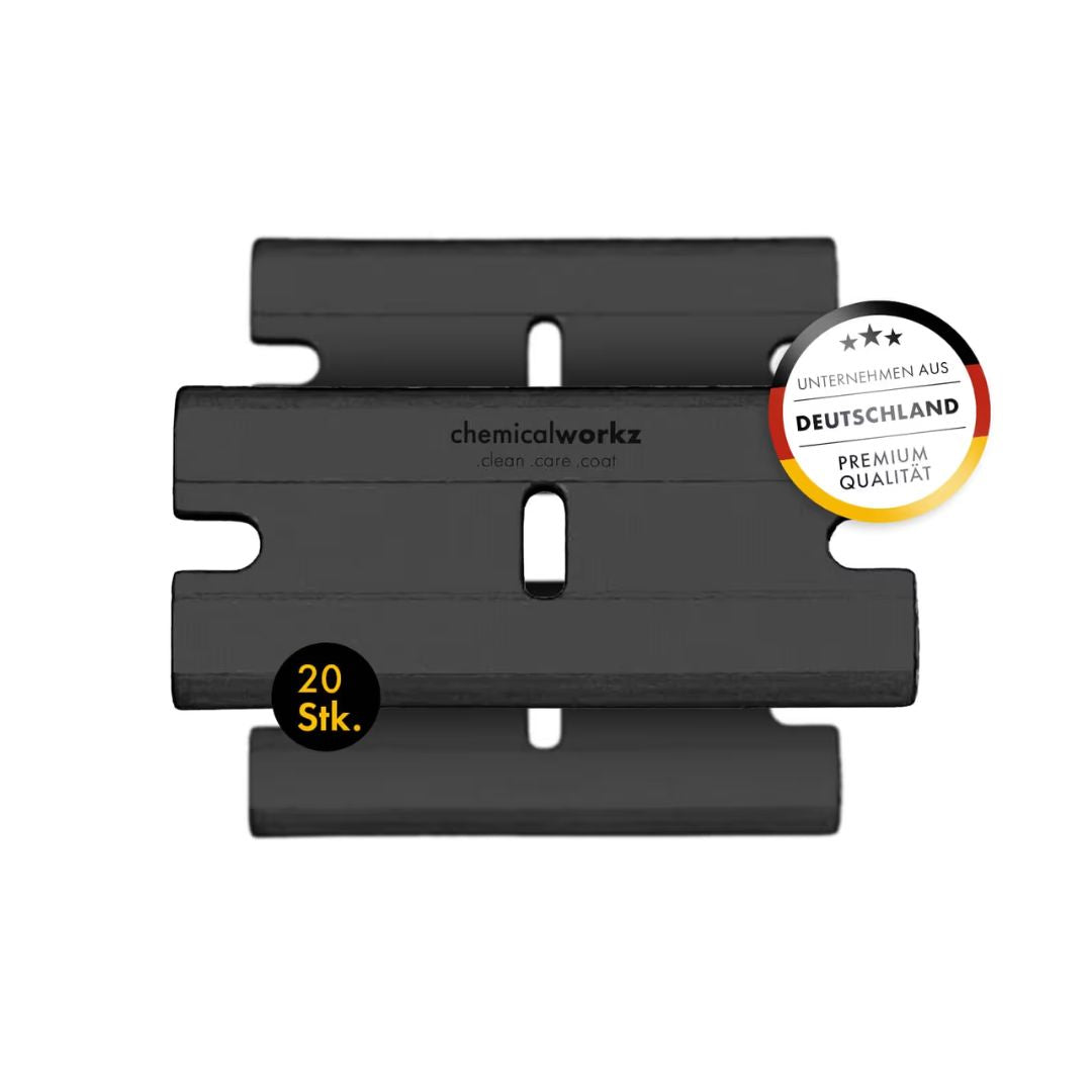 Two plastic scraper blades with 'chemicalworkz' branding on a white background