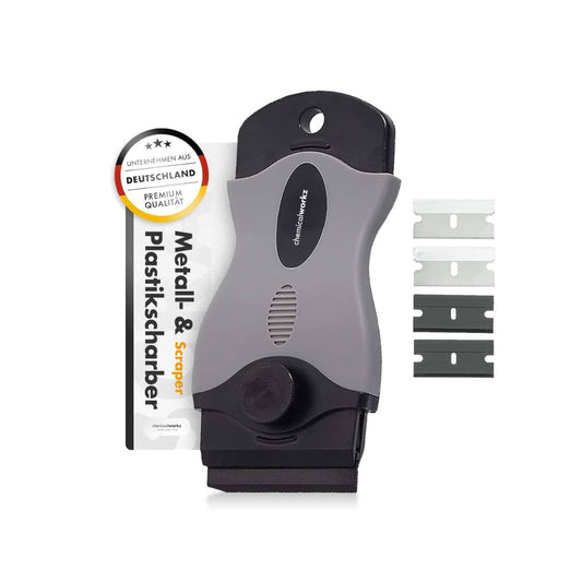 scrape blade with packaging and replacement blades on a white background