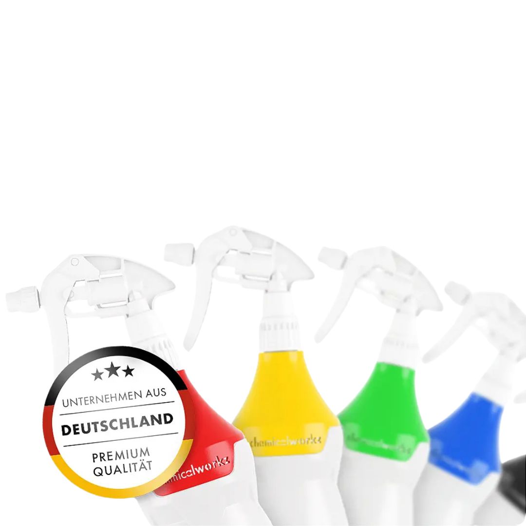 Set of colorful chemicalworkz spray bottles with a 'Deutschland' quality label on a white background