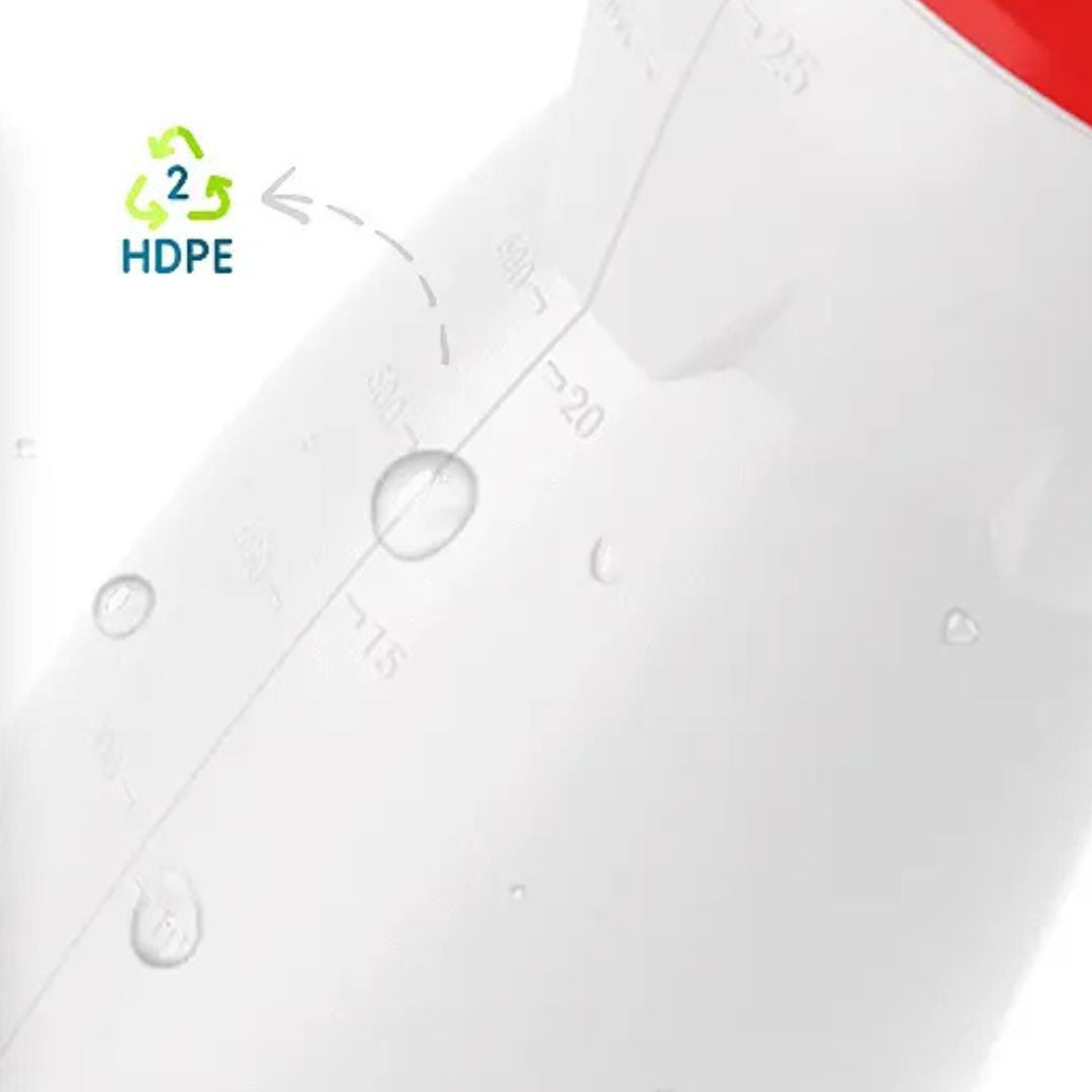 Close-up of a white plastic spray bottle with HDPE recycling symbol and text.