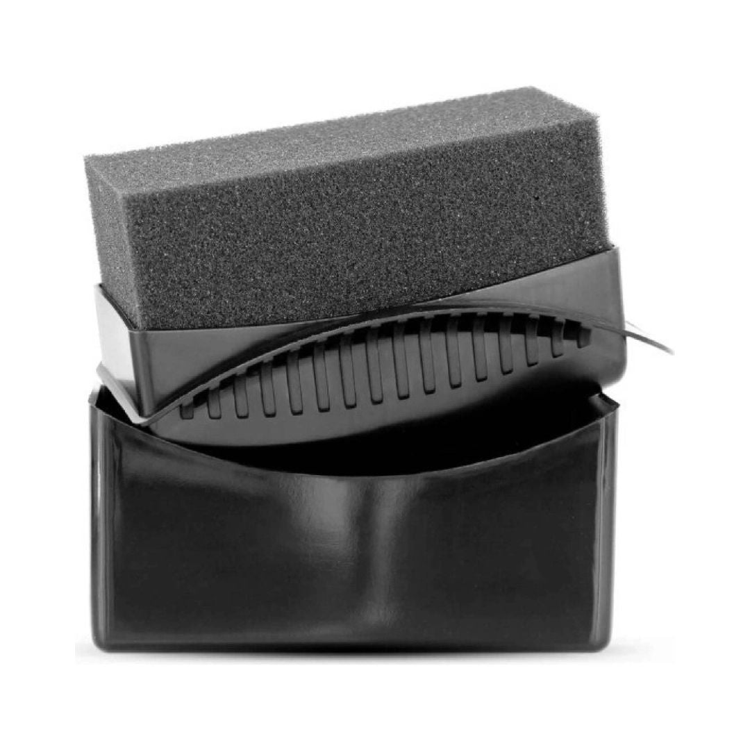 Black leather pouch with a gray sponge on a white background