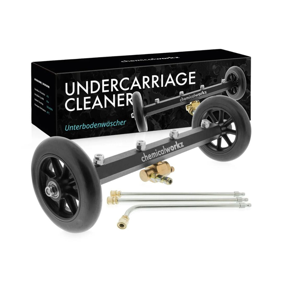 Undercarriage cleaner with wheels and nozzles on a white background, featuring 'chemicalworkz' branding.