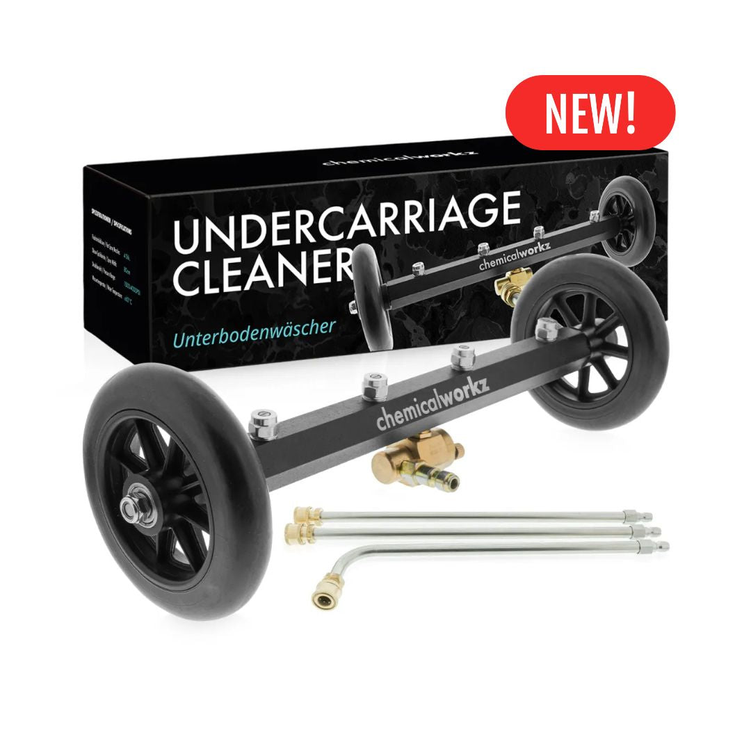 Undercarriage cleaner with wheels and nozzles, featuring 'chemicalworkz' branding, on a white background.