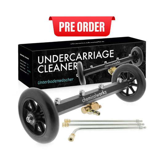 Undercarriage cleaner with packaging and accessories on a white background