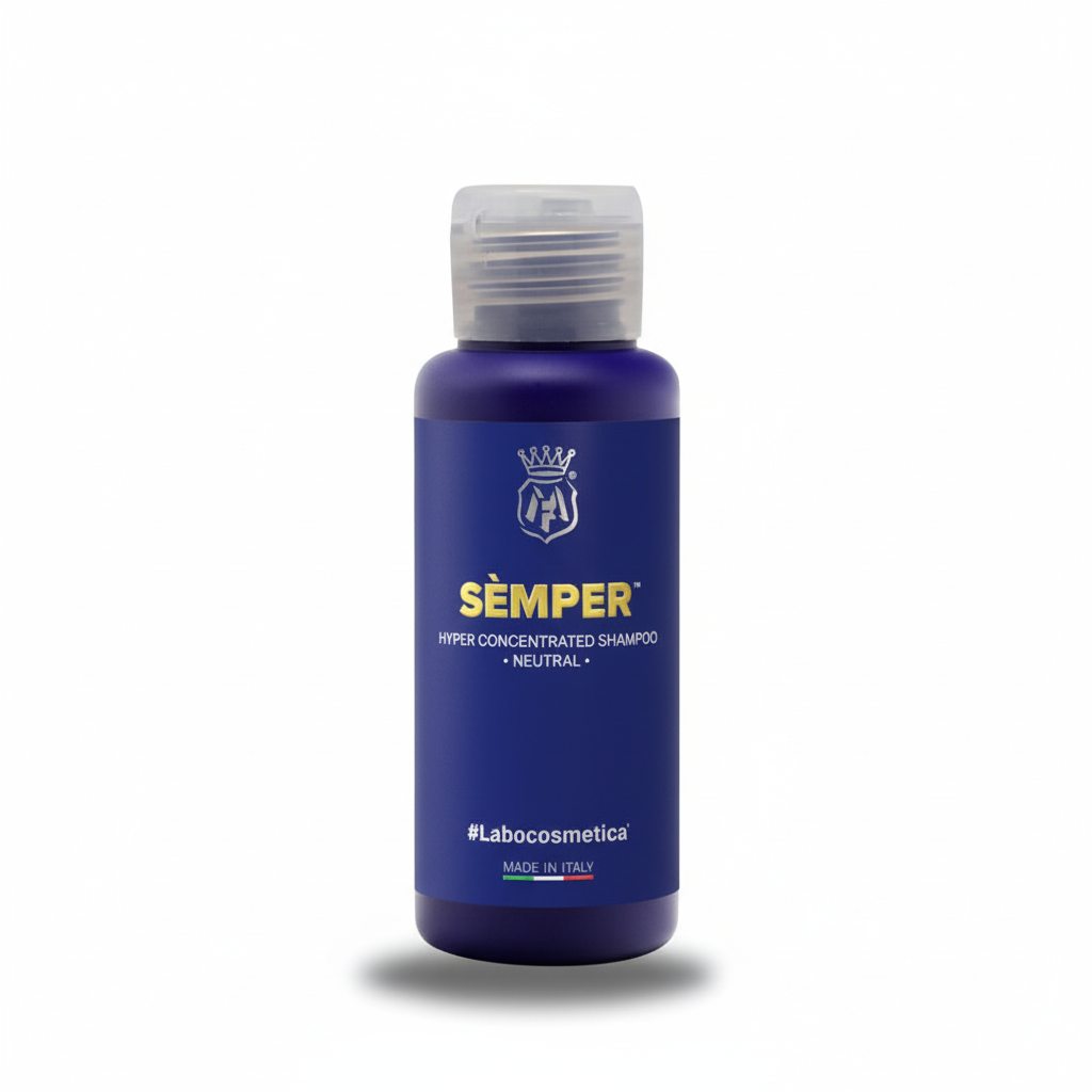 Blue 100ml Labocosmetica Semper shampoo bottle branding on a white background.