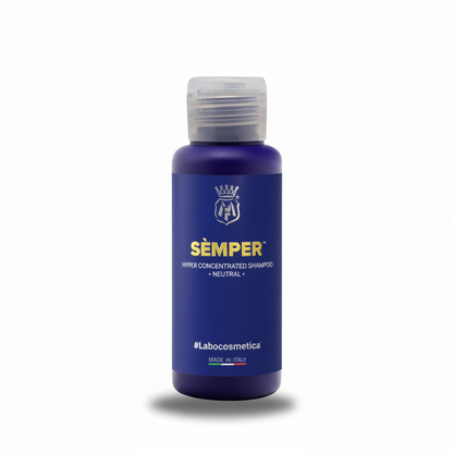 Blue 100ml Labocosmetica Semper shampoo bottle branding on a white background.