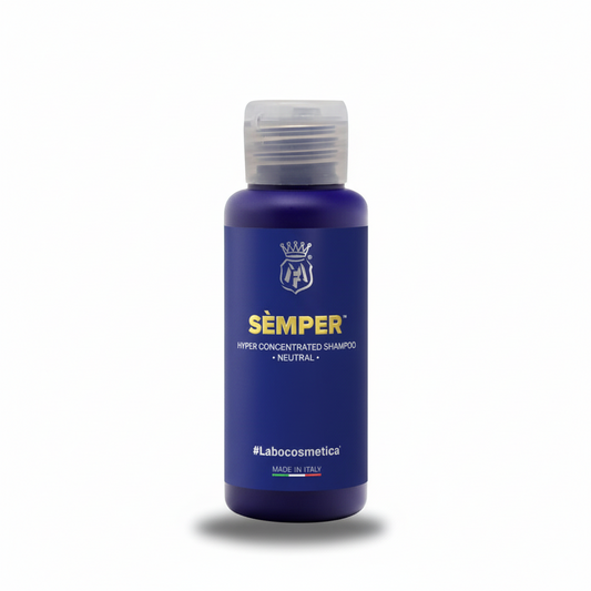 Blue 100ml Labocosmetica Semper shampoo bottle branding on a white background.