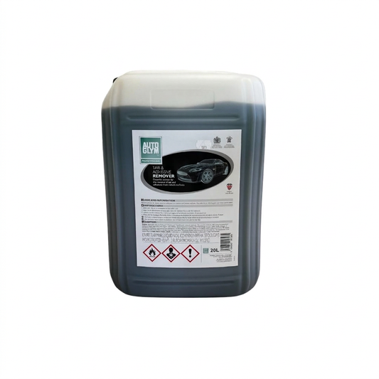 A 20L plastic jerrycan of Autoglym Tar nd adhesive Remover, featuring a dark gray liquid inside and a white label with product details.