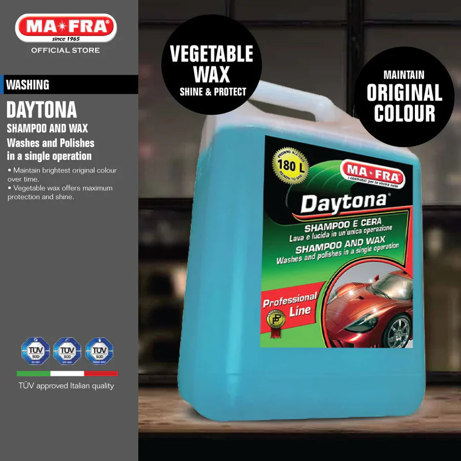 MaFra Daytona - Wash & Wax Conditioner Shampoo 4.5L. MaFra Daytona effortlessly combines washing and waxing into one simple step, enveloping your vehicle in a protective layer suitable for all bodywork types.