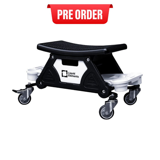 pre-order Liquid Elements Step stool with wheels and 'Liquid Elements' branding on a white background, featuring a 'NEW!' label.
