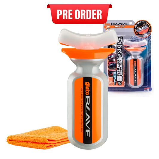 pre-order Glaco Blave car care product with orange towel and packaging on a white background