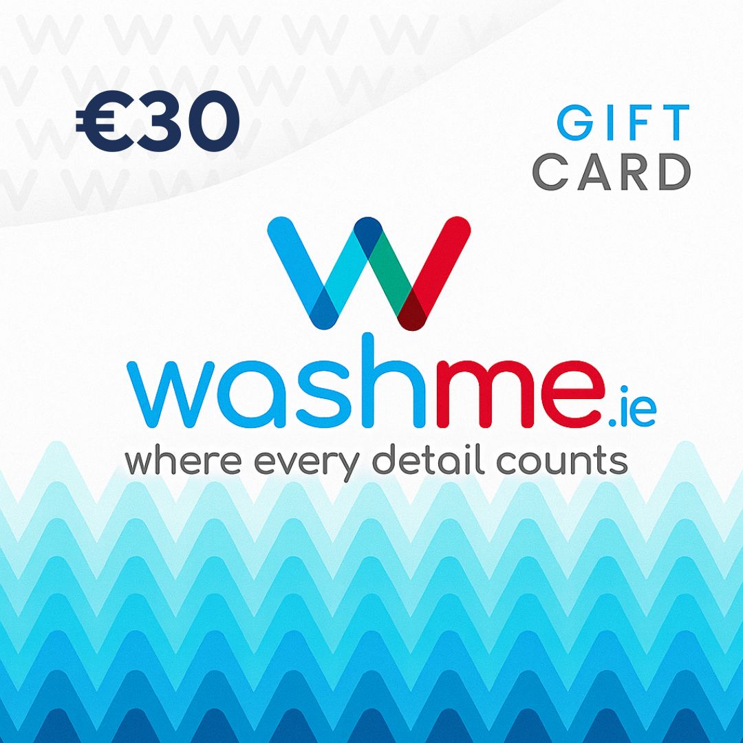 Washme.ie gift card with €30 value on a blue and white patterned background