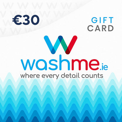 Washme.ie gift card with €30 value on a blue and white patterned background