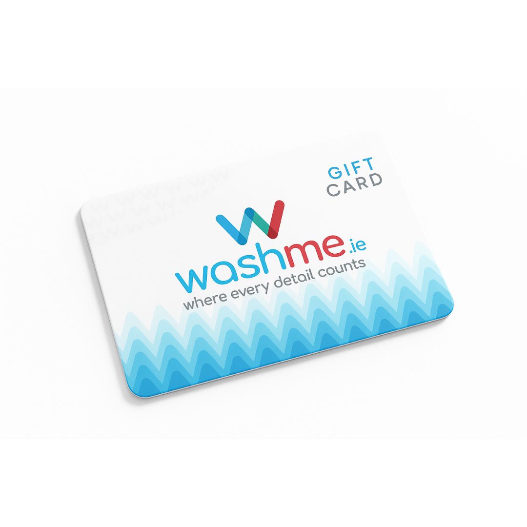Washme.ie gift card with on a white table patterned background