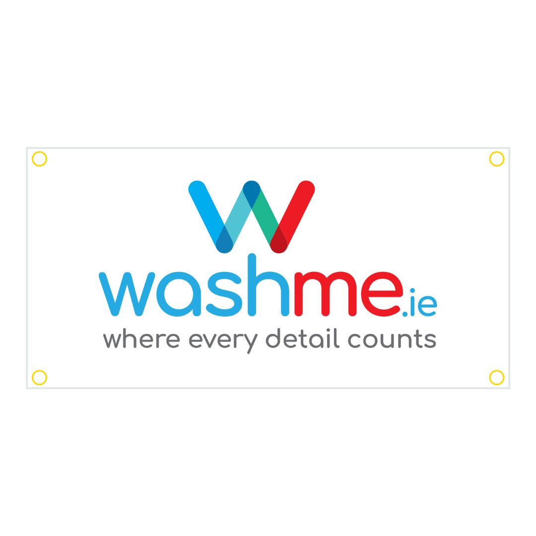 washme.ie banner. Made of durable RipStop® Vinyl at a weight of 450gsm.  This RipStop material is extremely durable and can be easily cleaned by simply wiping over with a wet cloth. The banner is also UV resistant and equipped with an eyelet on each corner, making it easy to hang up on your workshop wall, fence or anywhere 