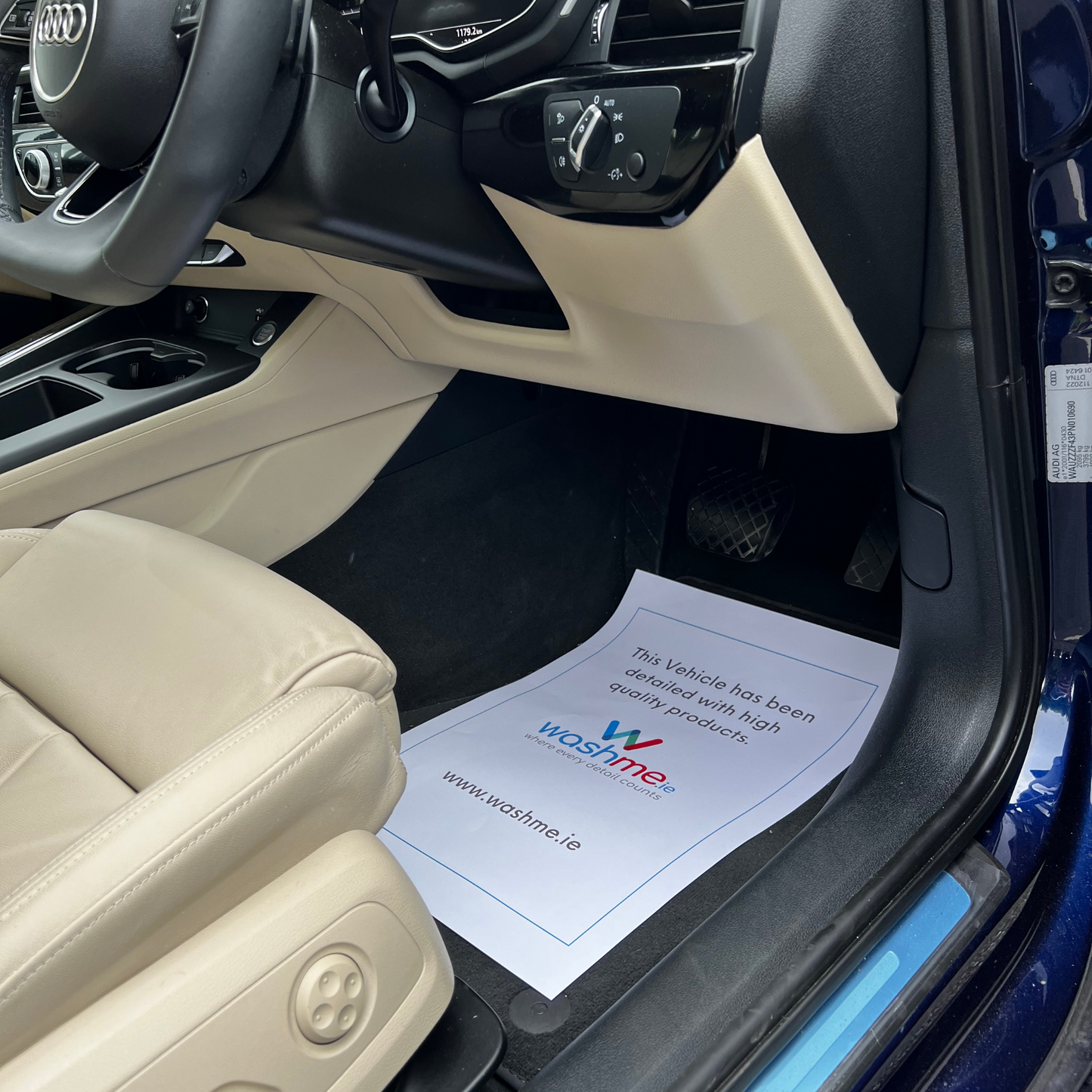 Paper mat for footwell. washme.ie Valet Mats. Paper mats for valet and detailing. footwell protection mats. washme.ie Cork Ireland. Blue Audi A4