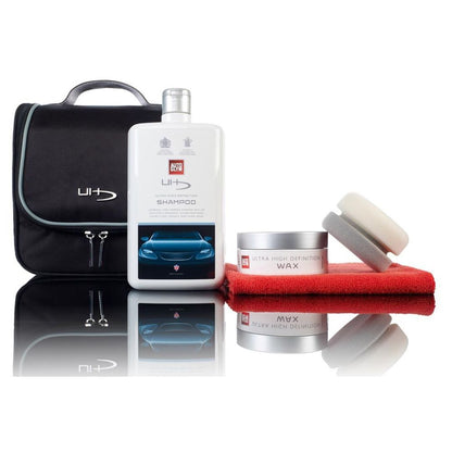 Autoglym UHD Collection Gift Set in Carry Case with Autoglym Wax and Autoglym UHD Shampoo. Red Microfibre cloth and applicator sponge. Mirror finish and gloss on car. best for car wash and protection