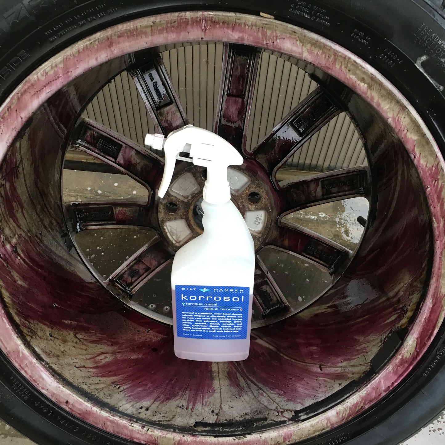 Alloy Wheel with Korrosol Iron remover. Bilt Hamber Korrosol. Autoglym Magma. Iron remover. Fallout remover. Wheel cleaner turn purple. Colour changing formula