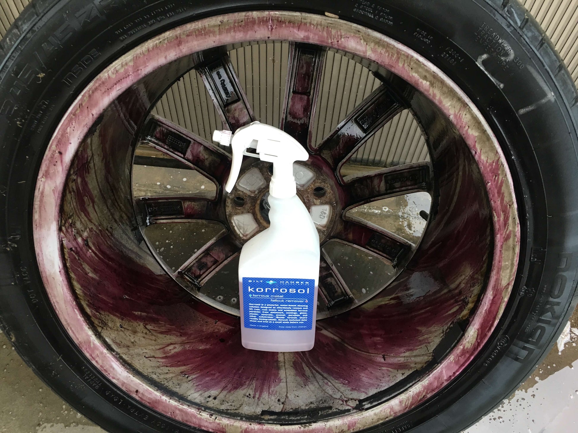 Alloy Wheel with Korrosol Iron remover. Bilt Hamber Korrosol. Autoglym Magma. Iron remover. Fallout remover. Wheel cleaner turn purple. Colour changing formula