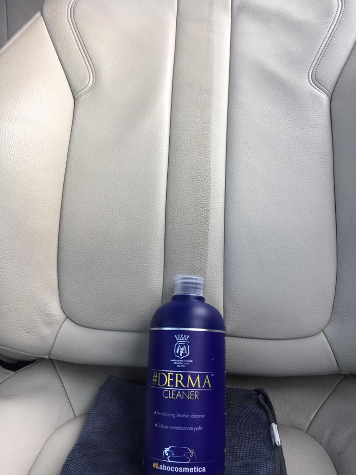 Labocosmetica Derma Leather Cleaner. Safe Leather Cleaner for all leather. Labocosmetica Cork IrelandLabocosmetica Derma Leather Cleaner 4500ml jerry can. Blue can with yello writing and black cap. Labocosmetica Cork Ireland. white leather seats with one side clean the other one dirty Labocosmetica Derma Leather Cleaner. Safe Leather Cleaner for all leather and steering wheel. Labocosmetica Cork Ireland