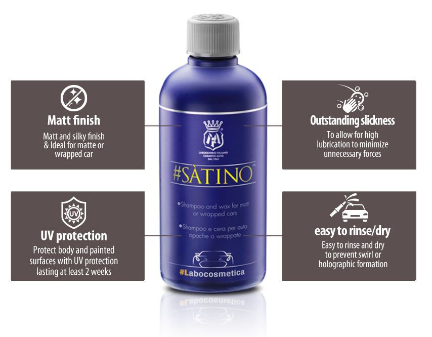 Labocosmetica Satino Matt and wrapped car shampoo. best shampoo for wrapped cars. blue bottle with see through cap. Labocosmetica Cork Ireland