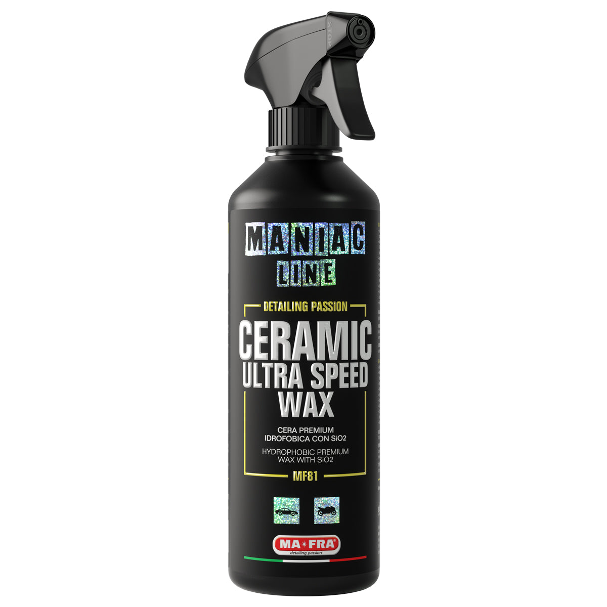 Ma-Fra Maniac Line Ceramic Spray Wax SiO2. Best quick detailer for bodywork and wheels. Non acid wheel cleaner. Labocosmetica. Ma-Fra Ireland Cork