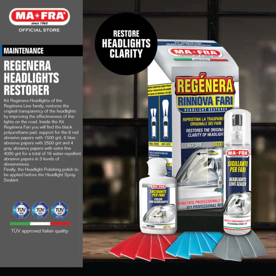 Ma-Fra Regenera Headlight Restoration Kit.  White bottle, white applicator and green microfibre cloth. Headlight Sealant. MaFra Ireland