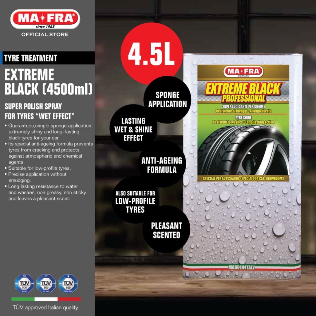 MaFra Extreme Black Tyre Shine is the perfect tyre dressing for ultra bright and wet look and work on big, chunky but also ideal for low- profile tyres. MaFra Ireland