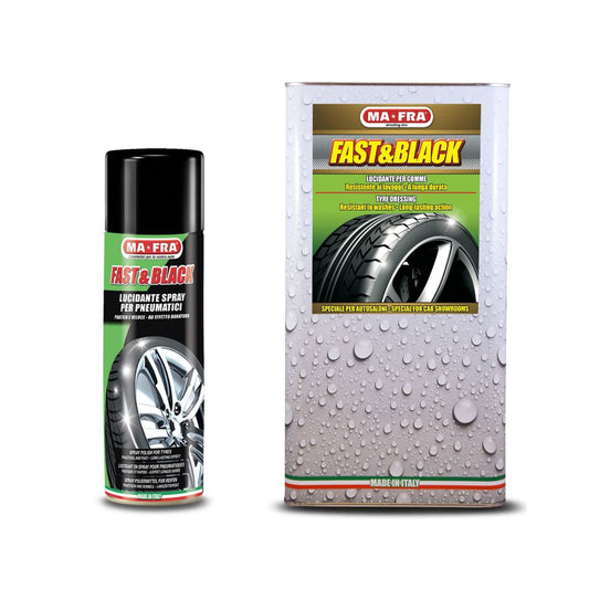 MaFra Fast e Black Tyre Reviver and dressing.  perfect tyre dressing for ultra bright and wet look and work on big, chunky but also ideal for low- profile tyres. MaFra Ireland