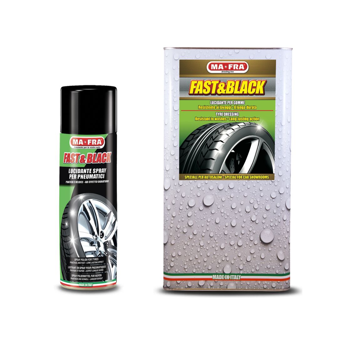 MaFra Fast e Black Tyre Reviver and dressing.  perfect tyre dressing for ultra bright and wet look and work on big, chunky but also ideal for low- profile tyres. MaFra Ireland