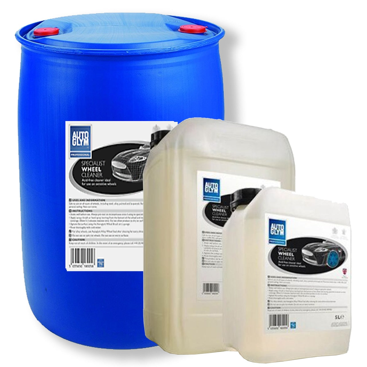 Autlgym Specialist Wheel Cleaner 5L container. Blue wheels. Safe wheel cleaner Autoglym. Specialist Wheel Cleaner 25L and 200L