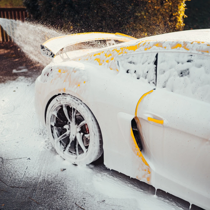 Stjarnagloss Sno Snow Foam. ph neutral snow form. thick snow foam. pre wash snow foam. best snow foam. Like Autoglym Polar Blast, ADBL Yeti. Stjarnagloss Ireland, Stjarnagloss Cork Ireland. Porsche GT4 yellow rear quarter with spoiler