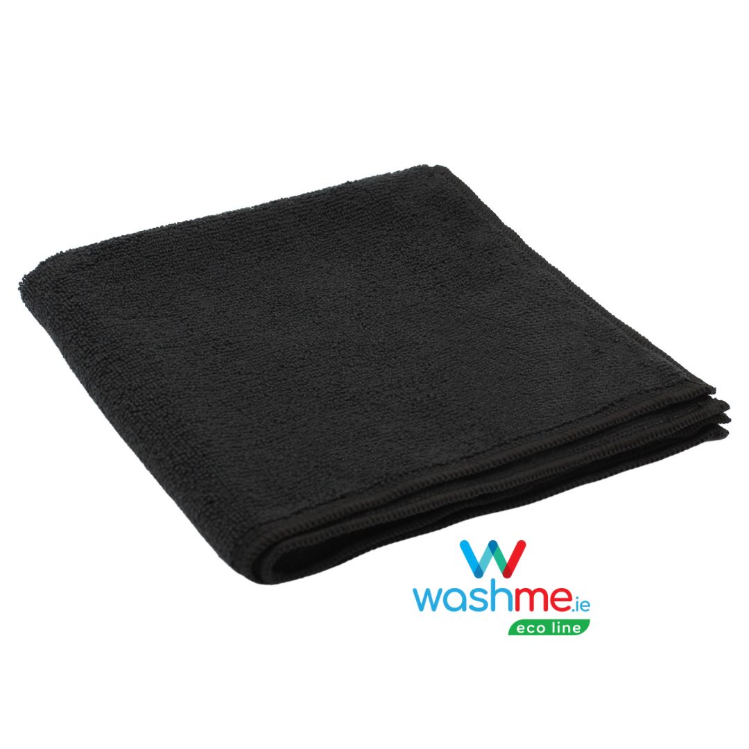 Black Microfibre Cloth. 100% recycled microfibre of rPet. environmentally friendly and recycable cloth. perfect for cleaning car interior. household cloth. kitchen cloth. green washme microfibre. best microfibre ireland. Microfibre Ireland